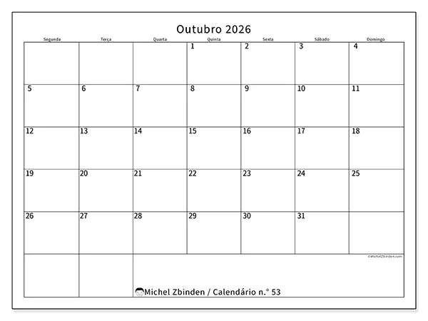 Calendário de outubro de 2026 para imprimir - Horário eficiente