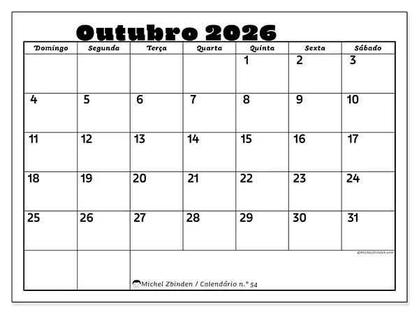 Calendário de outubro de 2026 para imprimir - Atividades em família - Semana de domingo a sábado