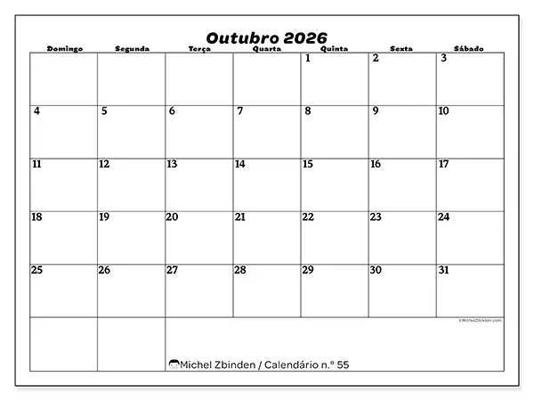 Calendário de outubro de 2026 para imprimir - Organização do lazer - Semana de domingo a sábado