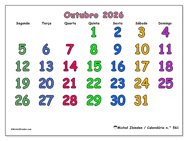 Calendário de outubro de 2026 para imprimir - Momentos criativos