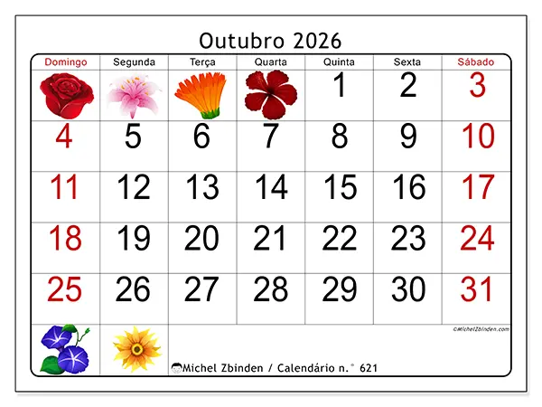 Calendário de outubro de 2026 para imprimir - Flores grandes - Semana de domingo a sábado