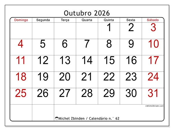 Calendário de outubro de 2026 para imprimir - Leitura rápida - Semana de domingo a sábado