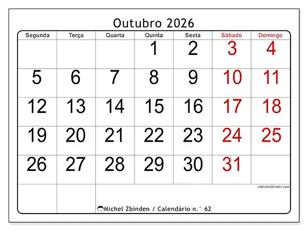 Calendário de outubro de 2026 para imprimir - Leitura rápida