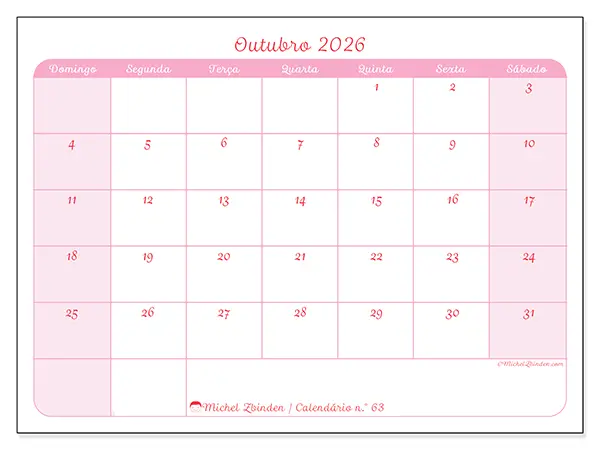 Calendário de outubro de 2026 para imprimir - Organização suave - Semana de domingo a sábado
