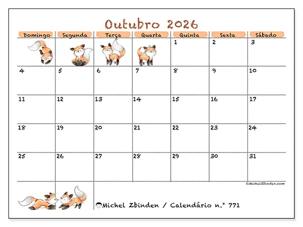 Calendário de outubro de 2026 para imprimir - Desenhos de raposas - Semana de domingo a sábado