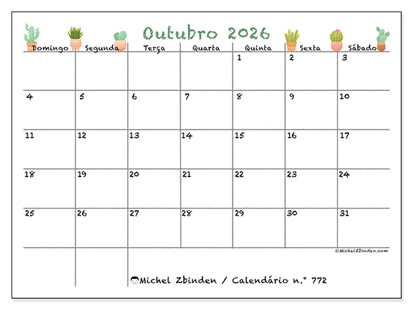 Calendário de outubro de 2026 para imprimir - Cactos decorativos - Semana de domingo a sábado