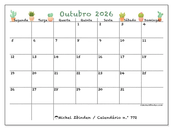 Calendário de outubro de 2026 para imprimir - Cactos decorativos