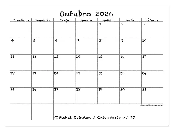 Calendário de outubro de 2026 para imprimir - Escola e família - Semana de domingo a sábado