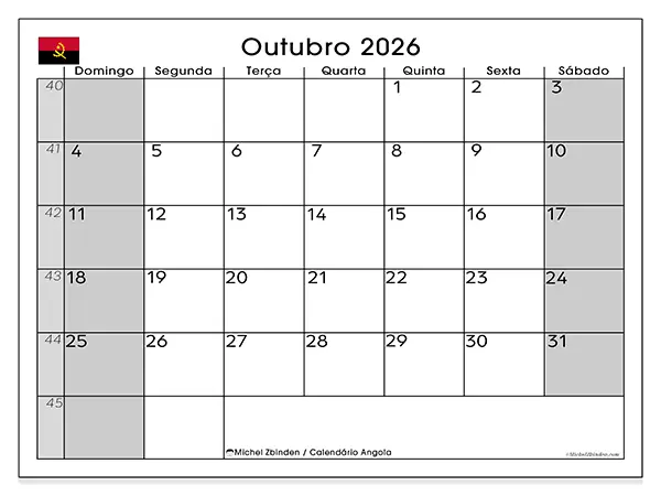 Calendário de outubro de 2026 para imprimir - Angola