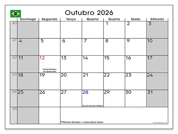 Calendário de outubro de 2026 para imprimir - Brasil