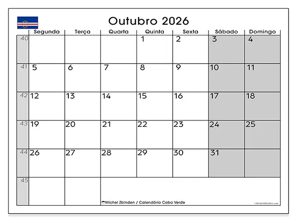 Calendário de outubro de 2026 para imprimir - Cabo Verde