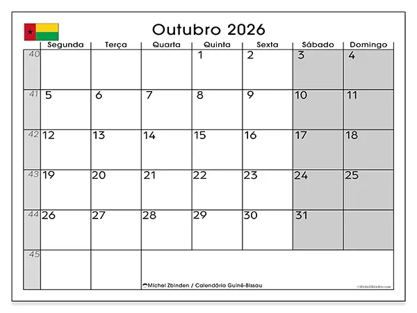 Calendário de outubro de 2026 para imprimir - Guiné-Bissau