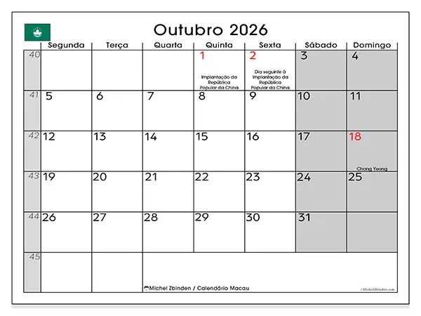 Calendário de outubro de 2026 para imprimir - Macau