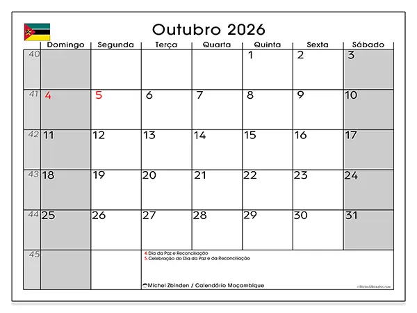 Calendário de outubro de 2026 para imprimir - Moçambique