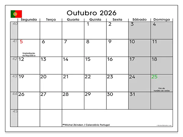 Calendário de outubro de 2026 para imprimir - Portugal