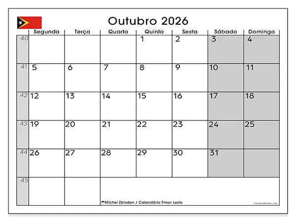 Calendário de outubro de 2026 para imprimir - Timor Leste