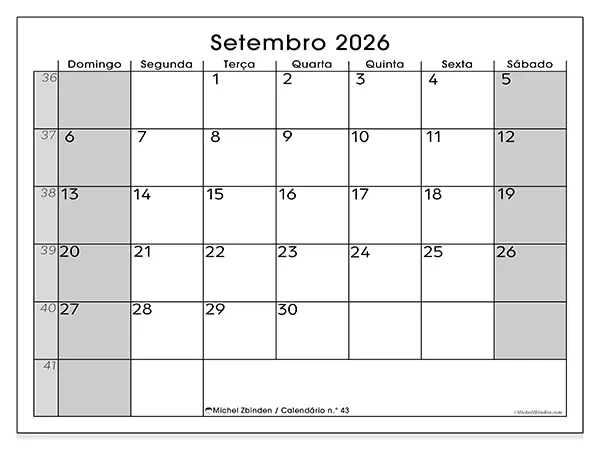 Calendário de setembro de 2026 para imprimir - Organização perfeita - Semana de domingo a sábado