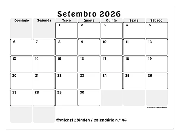 Calendário de setembro de 2026 para imprimir - Planeamento estruturado - Semana de domingo a sábado