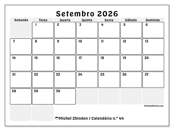Calendário de setembro de 2026 para imprimir - Planeamento estruturado
