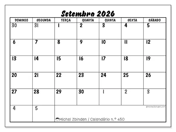 Calendário de setembro de 2026 para imprimir - Organização detalhada - Semana de domingo a sábado