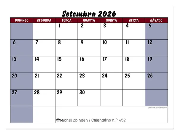 Calendário de setembro de 2026 para imprimir - Tarefas em cores - Semana de domingo a sábado
