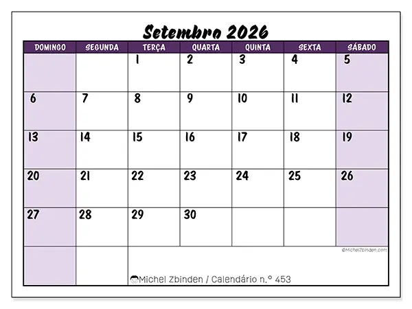 Calendário de setembro de 2026 para imprimir - Eficiência colorida - Semana de domingo a sábado