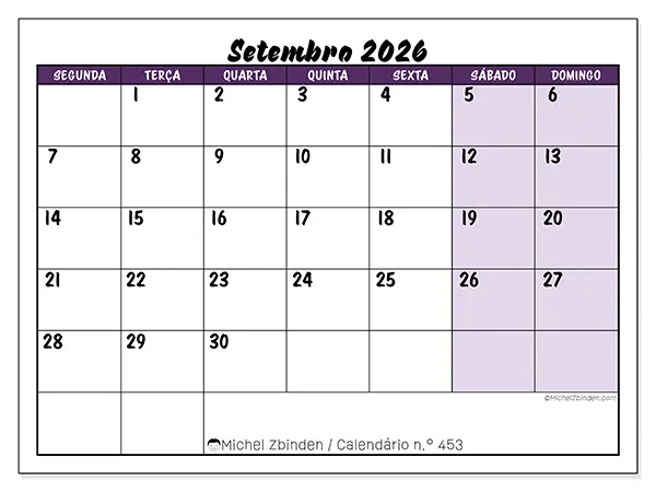 Calendário de setembro de 2026 para imprimir - Eficiência colorida