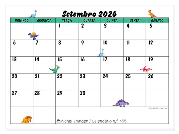 Calendário de setembro de 2026 para imprimir - Pequenos dinossauros - Semana de domingo a sábado