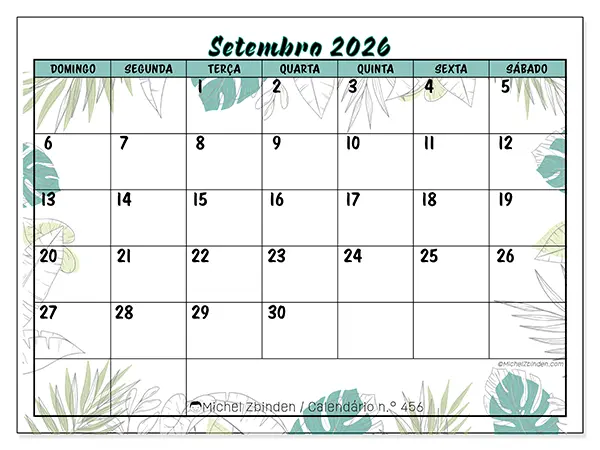Calendário de setembro de 2026 para imprimir - Natureza e jardim - Semana de domingo a sábado