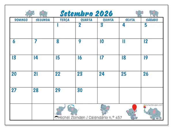 Calendário de setembro de 2026 para imprimir - Pequenos elefantes - Semana de domingo a sábado