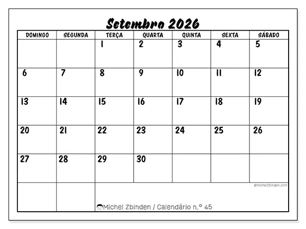 Calendário de setembro de 2026 para imprimir - Sucesso escolar - Semana de domingo a sábado