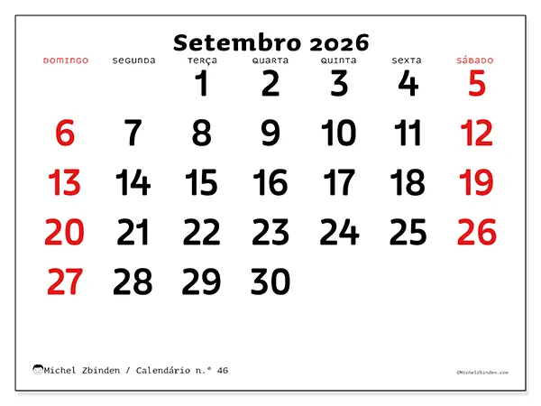 Calendário de setembro de 2026 para imprimir - Visão clara - Semana de domingo a sábado