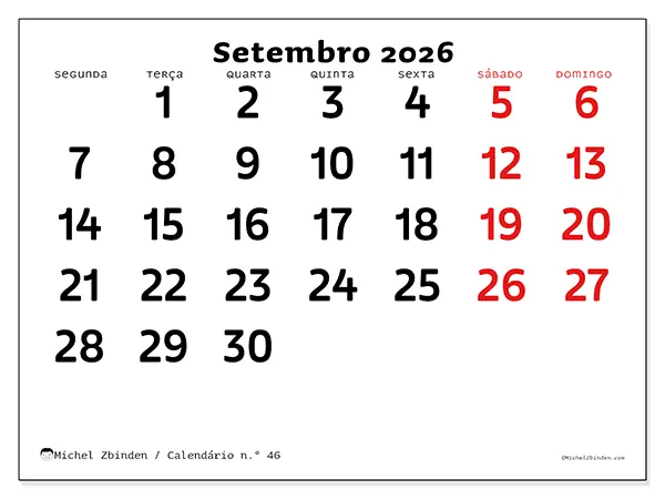 Calendário de setembro de 2026 para imprimir - Visão clara