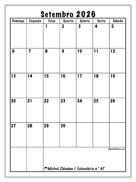 Calendário de setembro de 2026 para imprimir - Planeamento eficiente - Semana de domingo a sábado