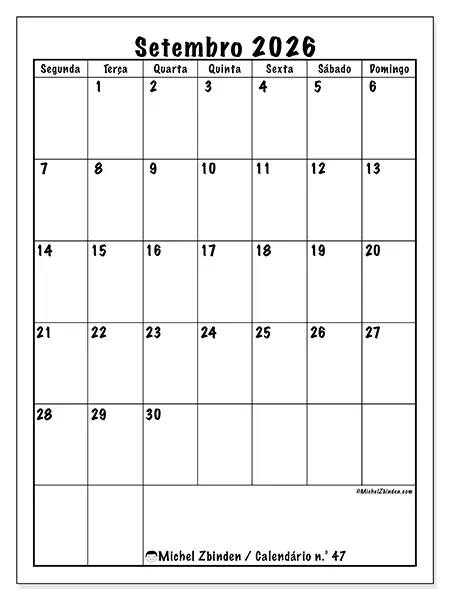 Calendário de setembro de 2026 para imprimir - Planeamento eficiente