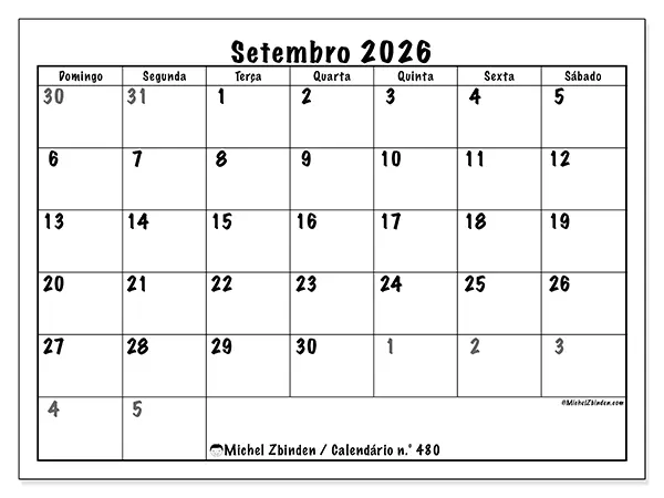 Calendário de setembro de 2026 para imprimir - Planeamento completo - Semana de domingo a sábado