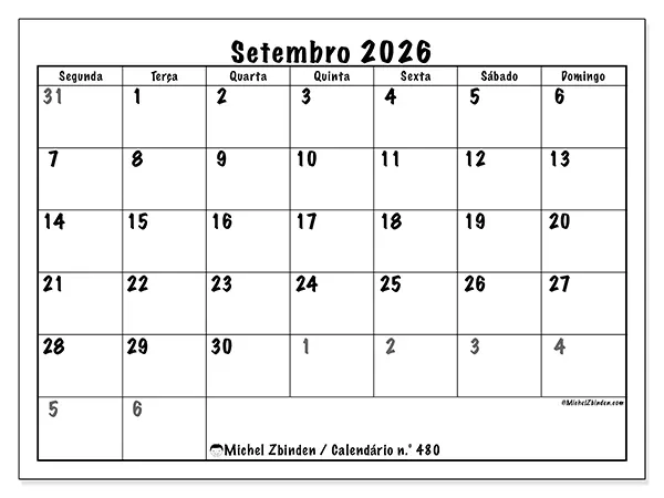 Calendário de setembro de 2026 para imprimir - Planeamento completo