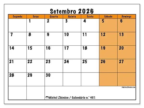 Calendário de setembro de 2026 para imprimir