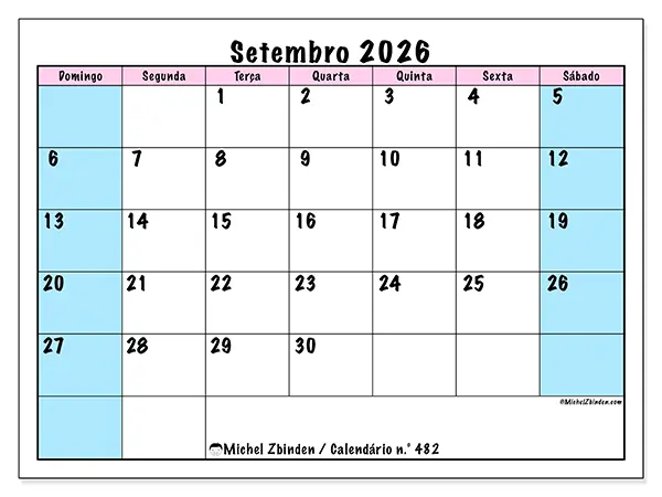 Calendário de setembro de 2026 para imprimir - Horário de equipa - Semana de domingo a sábado