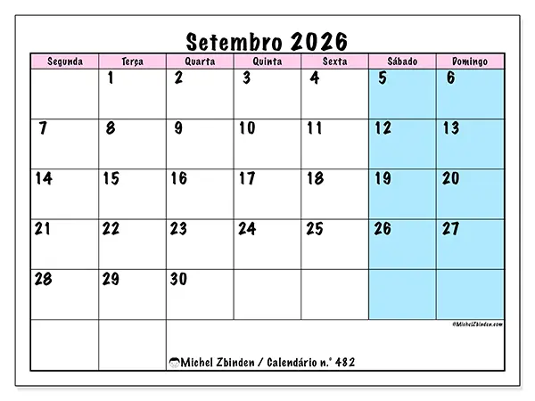Calendário de setembro de 2026 para imprimir - Horário de equipa