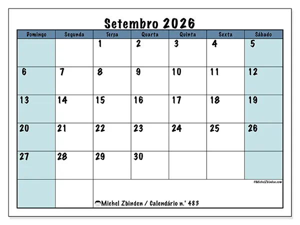 Calendário de setembro de 2026 para imprimir - Estrutura para a escola - Semana de domingo a sábado