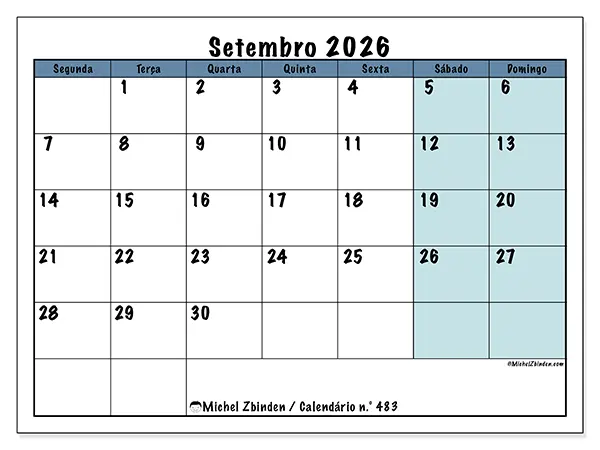 Calendário de setembro de 2026 para imprimir - Estrutura para a escola