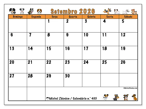 Calendário de setembro de 2026 para imprimir - Cães entusiasmados - Semana de domingo a sábado