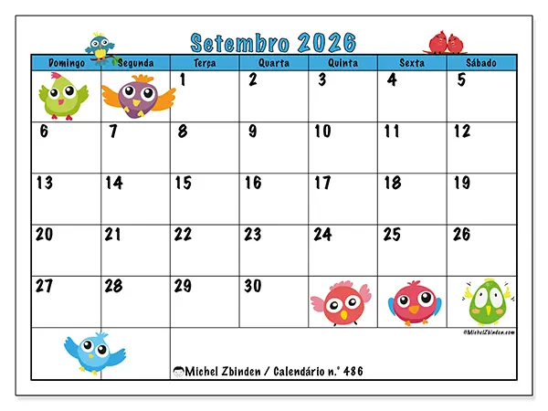 Calendário de setembro de 2026 para imprimir - Pássaros divertidos - Semana de domingo a sábado