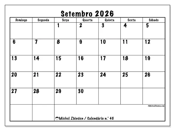 Calendário de setembro de 2026 para imprimir - Eficiência diária - Semana de domingo a sábado