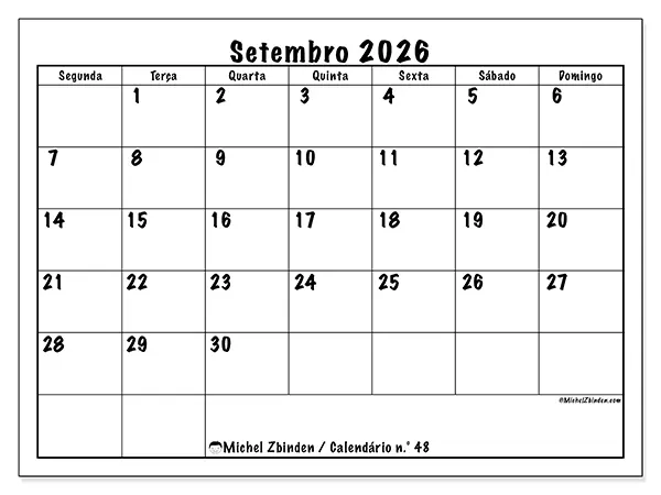 Calendário de setembro de 2026 para imprimir - Eficiência diária