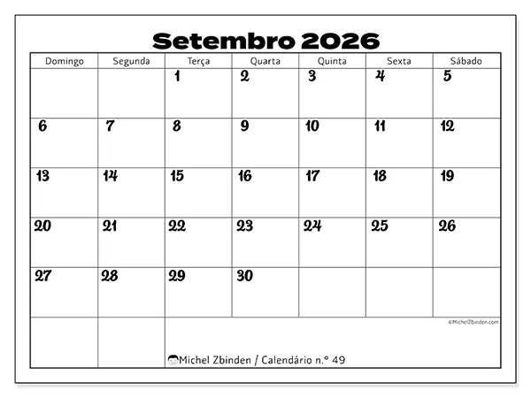 Calendário de setembro de 2026 para imprimir - Coordenação produtiva - Semana de domingo a sábado
