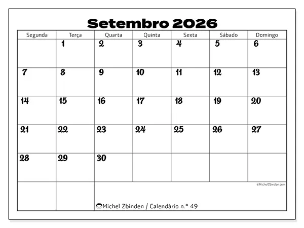 Calendário de setembro de 2026 para imprimir - Coordenação produtiva