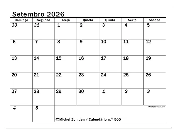 Calendário de setembro de 2026 para imprimir - Planeamento intensivo - Semana de domingo a sábado