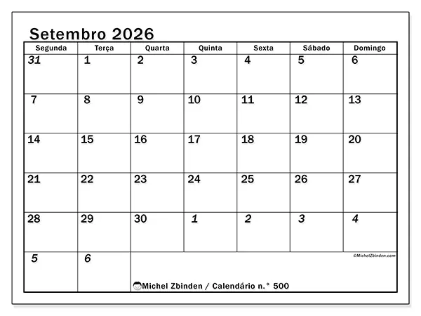 Calendário de setembro de 2026 para imprimir - Planeamento intensivo